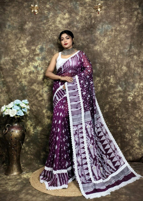 KISHORI PUNJABI MAHAL Self Design Jamdani Cotton Blend Saree(Magenta)