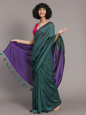 BN Fashion Solid/Plain Handloom Cotton Blend Saree(Green, Purple)