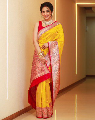Samah Embellished, Woven, Self Design Kanjivaram Jacquard, Silk Blend Saree(Red, Yellow)