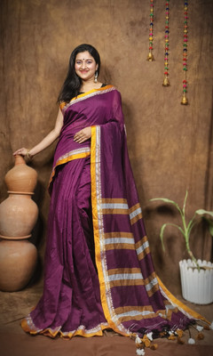 Anidipta collection Self Design Handloom Cotton Blend Saree(Purple)