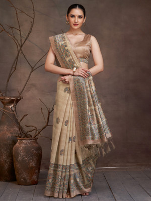Tasrika Printed Banarasi Cotton Silk Saree(Beige)