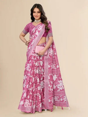 Marabout Digital Print Bollywood Cotton Linen Saree(Pink)