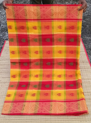 PRANATI ENTERPRISE Printed, Checkered Handloom Pure Cotton Saree(Green, Pink)