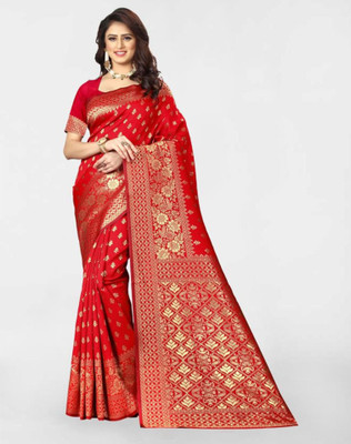 Samah Woven, Embellished Kanjivaram Silk Blend, Jacquard Saree(Red)