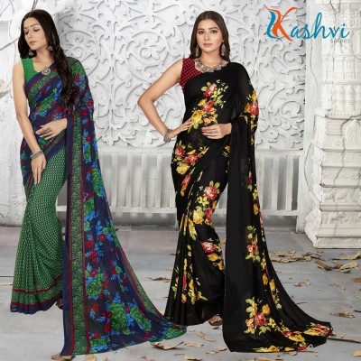 kashvi sarees Floral Print Daily Wear Georgette Saree(Pack of 2, Green, Blue, Multicolor)