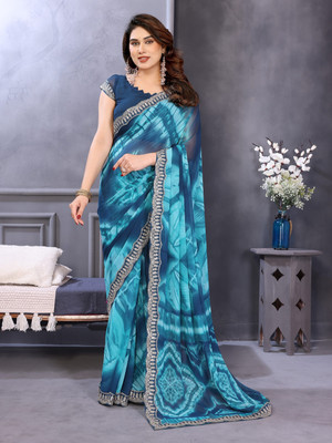 AMBUJAINTERNATIONAL Printed Bollywood Georgette Saree(Light Blue, Dark Blue)