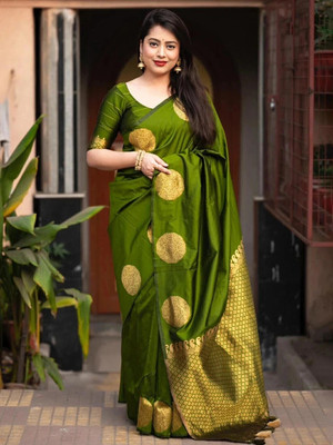 KANGLI Woven Banarasi Cotton Silk Saree(Light Green)