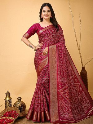 Anouk Rustic Printed Bandhani Silk Blend Saree(Pink)