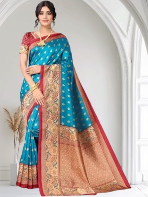 Grubstaker Printed Banarasi Tussar Silk Saree(Blue)