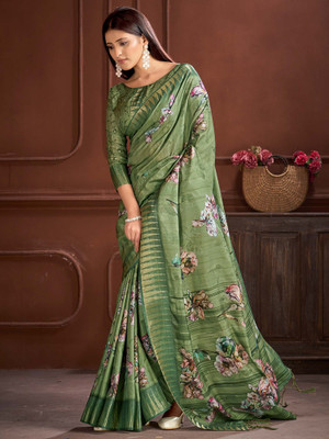 Sareemall Printed Chinnalapattu Silk Blend Saree(Green)