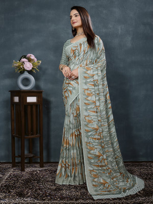 Kanooda Prints Printed Bollywood Georgette Saree(Grey)