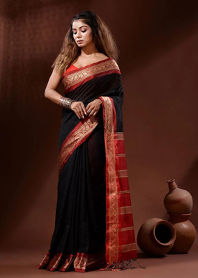 Anupam textile Solid/Plain Handloom Cotton Silk Saree(Black)