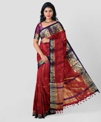 HAMZA PAITHANI SAREE Woven Paithani Cotton Silk Saree(Red)