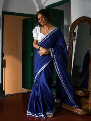 RIDDHIMAN FASHION Solid/Plain Handloom Cotton Silk Saree(Blue)