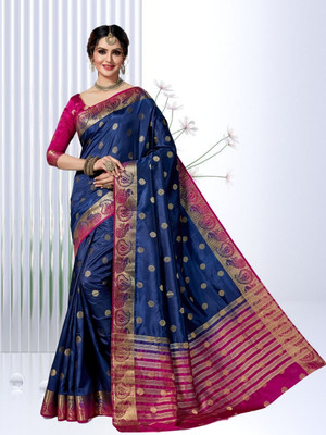 M.S.RETAIL Self Design Kanjivaram Silk Blend Saree(Dark Blue, Pink)