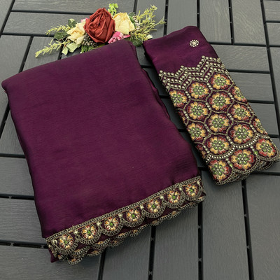 V AMAN FASHION Solid/Plain, Self Design Bollywood Chiffon Saree(Purple)
