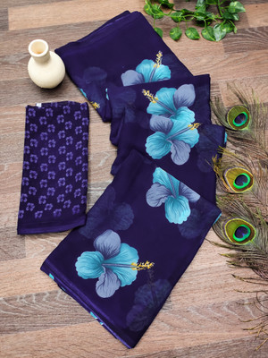 Anand Sarees Floral Print Daily Wear Georgette Saree(Dark Blue, Light Blue)