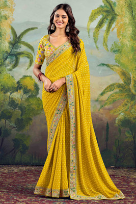 VIVAI CREATION Self Design Bandhani Georgette Saree(Mustard)