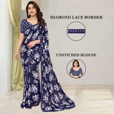 Anand Sarees Printed Bollywood Georgette Saree(Dark Blue, Beige)
