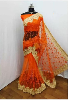 Zenomics Embroidered, Embellished Bollywood Net Saree(Orange)