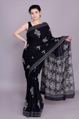 RP CREATION Blocked Printed Daily Wear Pure Cotton Saree(Black)