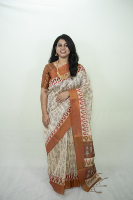 SnehaFashion Creation Floral Print Saree with Attached Blouse Tussar Silk Saree(White)