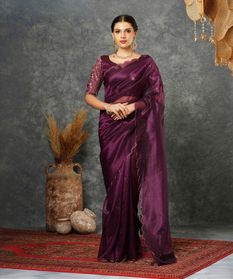 SIRIL Embroidered, Solid/Plain Bollywood Net Saree(Purple)