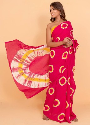 Craftmusium Printed, Color Block, Blocked Printed, Floral Print, Dyed Bandhani Pure Cotton Saree(Pink)