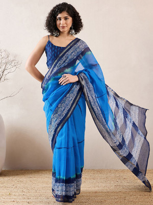 Anouk Rustic Dyed Pre Draped Saree Cotton Blend Saree(Blue)