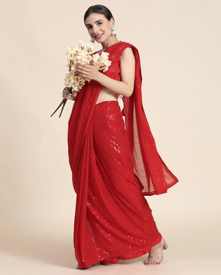 Bluebirdimpex Embellished Bollywood Georgette Saree(Red)