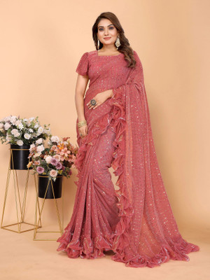 AKFABRICS Self Design Bollywood Net Saree(Pink)