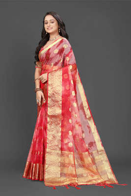 HouseOfCommon Solid/Plain, Woven Bollywood Organza Saree(Red)