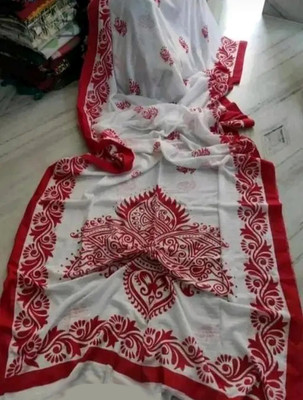 Priyongboda Printed Jamdani Handloom Cotton Blend Saree(White, Red)