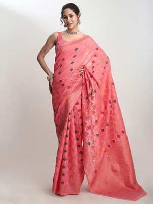 Janasya Woven Saree with Attached Blouse Linen Saree(Pink)
