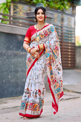 Sumit Textiles Animal Print Ikkat Pure Cotton Saree(White)