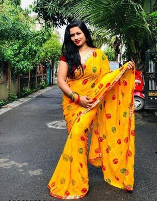Tejassarees Geometric Print Bollywood Georgette Saree(Yellow)