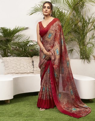 Samah Printed, Striped, Embellished, Geometric Print Daily Wear Chiffon Saree(Red, Brown)