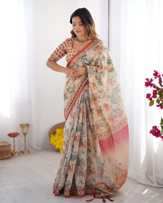 DHAYNAAND REEWA FASHION Digital Print Kalamkari Linen Saree(Multicolor)