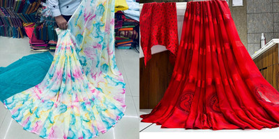 HouseOfCommon Printed Bollywood Georgette Saree(Pack of 2, Multicolor)