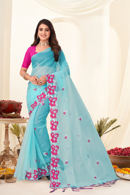 Mokshicreation Embellished Bollywood Supernet Saree(Light Blue)
