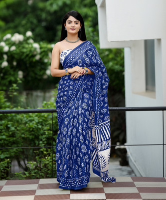 shiv textiles Printed Bollywood Pure Cotton Saree(Blue)