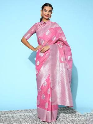 Sareemall Woven Banarasi Linen Saree(Pink)