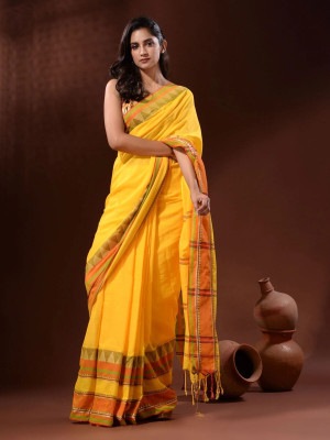 JHIILU Self Design Handloom Cotton Blend Saree(Yellow)