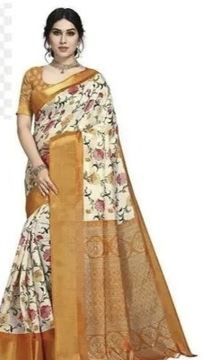 Grubstaker Printed Daily Wear Cotton Blend Saree(Yellow)