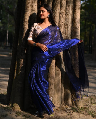 Bhadra Shopping Store Woven Handloom Handloom Tissue Saree(Dark Blue)