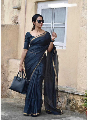 NAMITASAREES Solid/Plain Handloom Silk Blend Saree(Black)