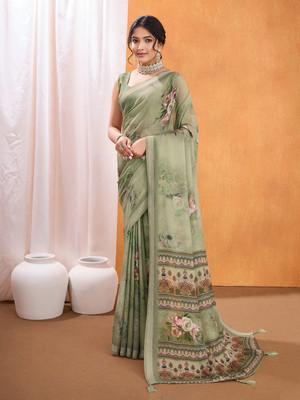 RekhaManiyar Printed Saree with Attached Blouse Crepe Saree(Green)