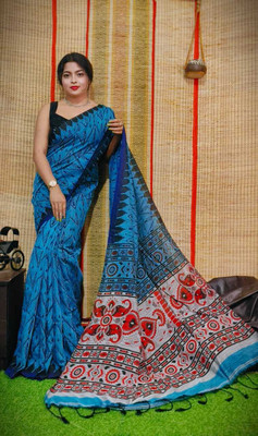 Shrutisareeghar Printed Handloom Cotton Blend Saree(Light Blue)