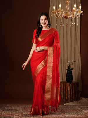 AKSHAR PATRON ENTERPRISE Solid/Plain Bollywood Organza Saree(Red)