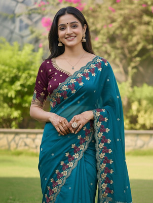 BrownSoilOrganics Floral Print Jamdani Satin Saree(Blue, Purple)